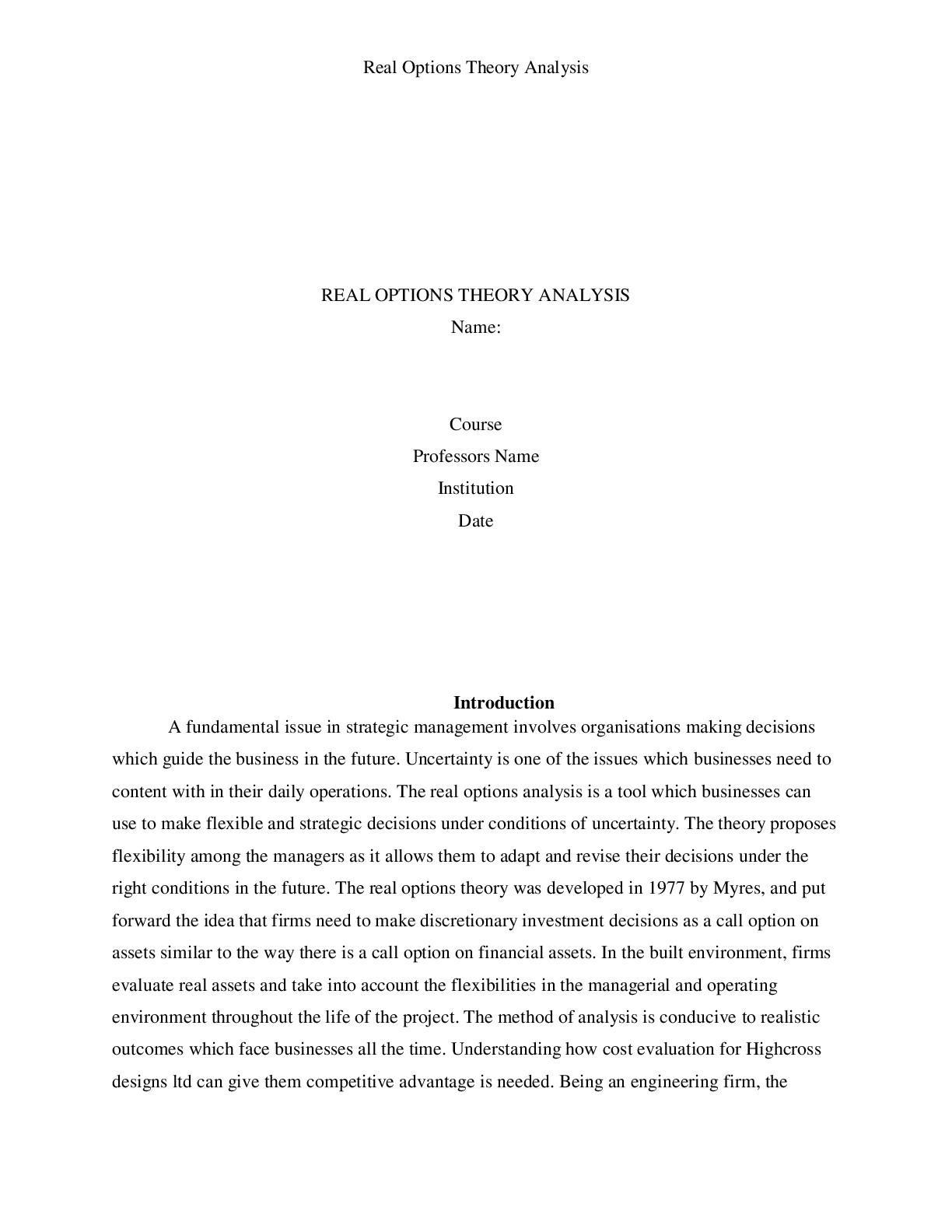 Preview image for REAL OPTIONS THEORY ANALYSIS